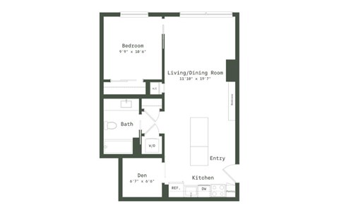 Floor plan for 1 bed, 1 bath, 715 sqft